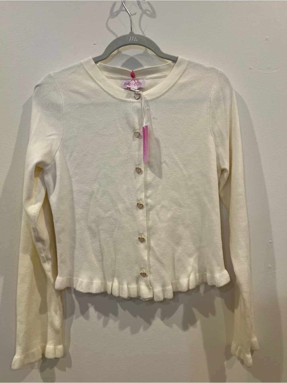 Paris Hilton Cream Ruffle-Hem Cardigan with Heart Buttons